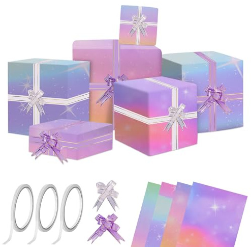 Juego de 8 rollos de papel de regalo de luz de estrellas, rollos de papel de regalo de cumpleaños para niñas, papel de regalo para niños con cinta adhesiva de doble cara y cinta de embalaje, papel de