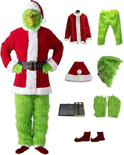 LHBM 7 Stk Weihnachtsmann Kostüm Santa Costume Set, Inklusive Mask Grinch Green Monster Suit Für Erwachsene, Weihnachtsfeier Cosplay Kostüm Mottoparty, Für Karneval Weihnachten Cosplay 3XL
