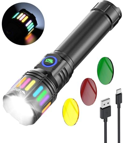 Smiling Shark Lampe de Poche LED, M1 Lampe Torche Puissante Rechargeable avec 4 Modes & Zoomable【3 Lentilles Couleurs】 Mini Lampe Torche Pile Pour Camping/Randonnée/Urgence, Noir