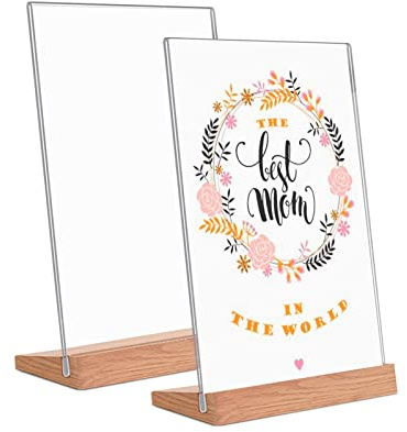 Andchi Tischsteller 2 Stück Acryl Tisch Display Stand klar Zeichen Menü Preis Halter L-Form mit Holzsockel für Läden Büro Bar (L-Holz-S, A5)