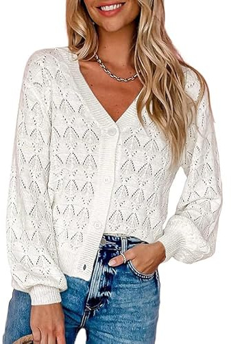 DPLBAZHC Damcardigan urholkad blommig koftor vit virkning shrugs elegant beskuren cardigan utstansad lätt button-down virkad stickad tröja toppar, Vitt, S