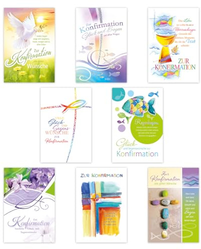 KE - Stilvolles Konfirmationskarten Set – 8 Glückwunschkarten zur Konfirmation mit 8 Motiven – Vorteilspack für feierliche Glückwünsche - Motive: Fisch, Taube, Regenbogen