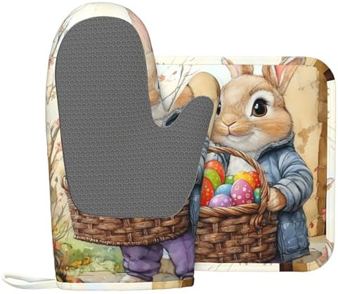 CSIVKEJ Set di 2 presine e presine in silicone resistenti al calore con stampa di coniglietto pasquale, decorazione da cucina