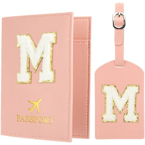 PATIKIL Funda Pasaporte con Identificador de Maletas, Funda para Pasaporte con Iniciales y Etiqueta de Equipaje con Parche de Letras de Chenilla, para Crédito, Tarjetas y Boletos, Rosa M