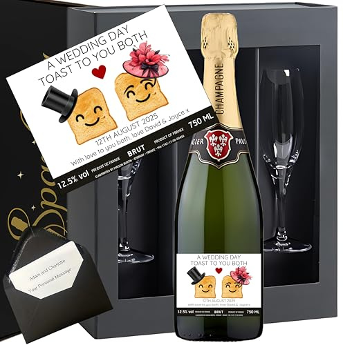 Personalised Mr & Mrs Wedding Toast Champagne & Glasses Gift Set – Custom Label Brut Champagne 75cl with 2 Flutes in Magnetic Presentation Box