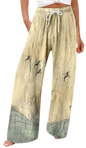 Boheme Pantalon Palazzo Femme Grande Taille Casual, Pantalon Large Fluide Ete Imprimé Bohème Vintage, Baggy Pantalons Taille Haute Elastique Toile été Boho Harem Avec Cordon Plage Yoga Décontracté