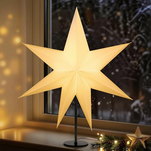 Lewondr 3D Papiersterne Weihnachten Tischlampe, 17,72 7-zackiger Weihnachtsstern Beleuchtet mit E14 LED-Birne, Weihnachtsstern Stehend Weihnachtsdeko mit Eisenbasis für Innen Feiertag