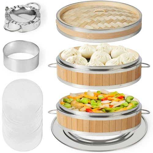 MacaRio Bamboo Steamer Basket Set 10 inch Dumpling Steamer for Cooking with Stainless Steel Reinforcement Side Handles Ring Adapter Dumpling Cutter & Press Liners for Dim Sum Dumplings Buns Seafoods Vegetables Rice