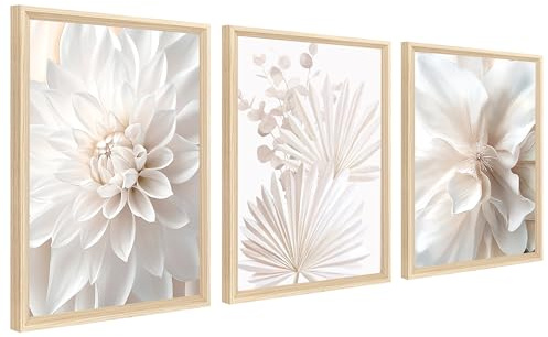 Set med canvastavlor, vit lotus, pion, palmblad, canvasbild, med ram, målning, affisch, minimalistisk, blomma, väggbilder, vardagsrum, sovrum, väggdekoration, 120 x 60 cm, 3 stycken