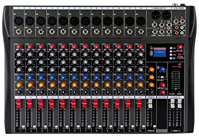 Mixerbord professionell mixer, 12-kanals studiomixer med XLR-mikrofonuttag, 48 V fantommatning, med Bluetooth, realtidsövervakning, DJ-ljudkontroller