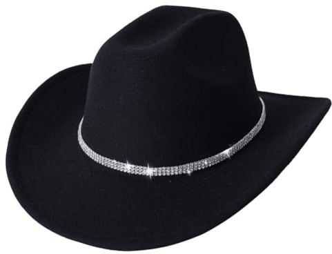 Besforta Glitter cowboyhatt klassisk västerländsk strass cowgirlhatt utomhus brett brätte retro filt Fedorahattar rullade kepsar, Svart, one size