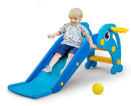 3 en 1 Toboggan Tout-Petit, Baby Slide Grimpeur Plastique Jeu avec Cercle De Basket-Ball Et Boule, Terrain De Jeux IntéRieur Et ExtéRieur pour Les Enfants
