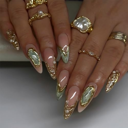 Nymora Press On Nägel Set - Almond Dunkelblau Marmor Gold Striped Cat Eye - Künstliche Nägel für Frauen Mädchen Mit Nagelkleber - Juwelen Like Herbst Winter