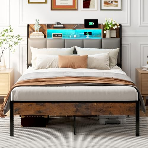 ODK Bett 140x200 cm Polsterbett, Doppelbett, Stauraum Kopfteil mit LED Beleuchtung & (Steckdose/USB), Metall Bettgestell, ohne Matratze