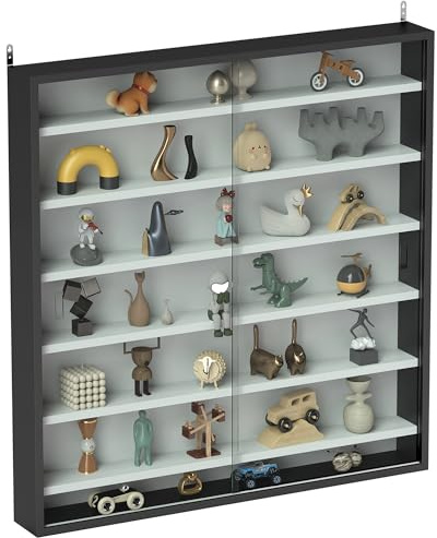 HOMCOM Wandvitrine mit 6 verstellbaren Einlegeböden, Sammlervitrine, Wandvitrine für Sammlerstücke, Glas und Spanplatte, 80x9,5x83 cm, Schwarz und Weiß