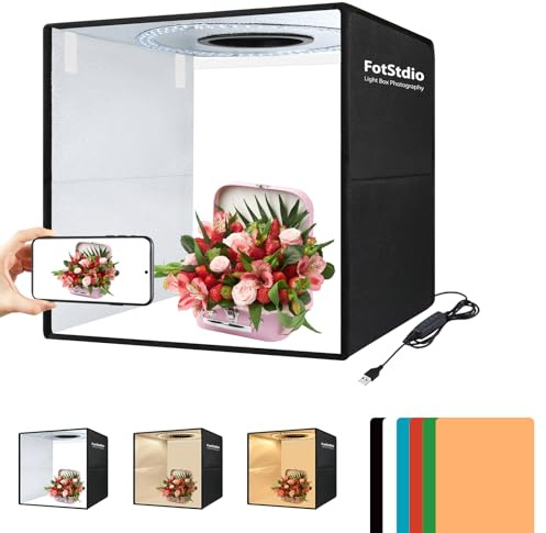 FotStdio Light Box Fotografia, 40,6 x 40,6 cm, grande scatola luminosa fotografica con 224 perline LED, CRI > 95, kit professionale portatile per foto con sfondo in PVC a 6 colori per fotografia di