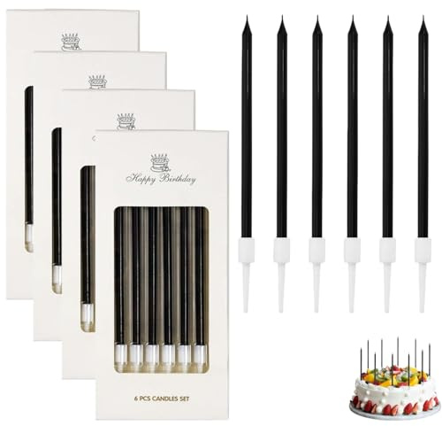 Zpeiran 24 Pezzi Candele di Compleanno Metallizzate,Candeline Lunghe Sottili con Supporto,per Torte e Cupcake,Decorazioni Nere per Feste,Matrimonio,Baby Shower (Nero)
