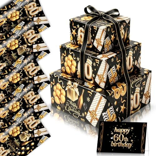 5er Schwarz Gold Geschenkpapier 60 Geburtstag für Männer Frauen,70x50cm Geschenkpapier Happy Birthday 60.Geburtstag Geschenktüte mit Geschenkband Geburtstagskarte für 60.Geburtstag Geschenkverpackung