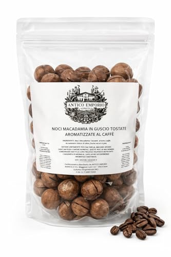 Noci di Macadamia Leggermente Tostate Aromatizzate al Caffè in Guscio - Pre-Crack - Formato da 500 Grammi In Sacchetto Richiudibile - Senza Conservanti, Senza Additivi e Senza Sale