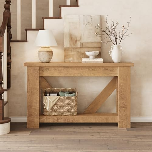 LIKEMET 55 Inches Console Table, 2-Tier Farmhouse Sofa Table Behind Couch with Storage Shelves, Wooden Narrow Entryway Table for Living Room, Hallway, Entrance, Foyer(Natural)