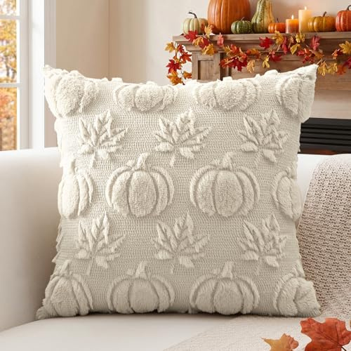 Sungeek 1 Stück Kürbis Ahornblatt Kissenbezug, Sanft Plüsch Kurze Wolle Samt Kissenbezüge Dekorative Herbst Boho Zierkissenbezüge Deko Kissenhülle Sofakissen für Wohnzimmer Garten (40x40 cm, Beige)