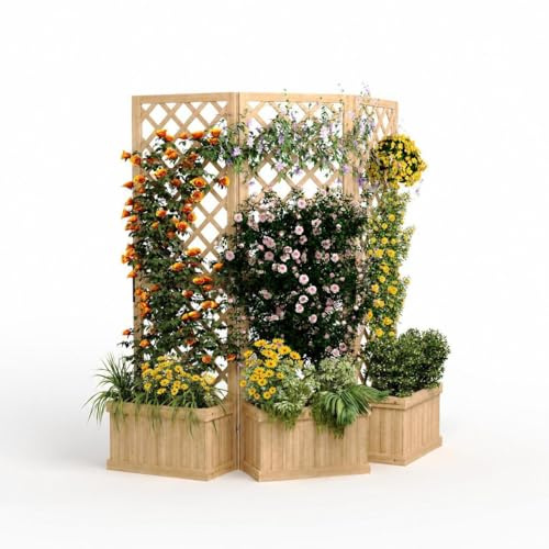 Acekool Blumenkasten Mit Rankgitter Aus Holz —3-Teilig, Bemalt, Als Dekorativer Sichtschutz Für Garten, Terrasse & Balkon, Wetterfest & Einfache Montage