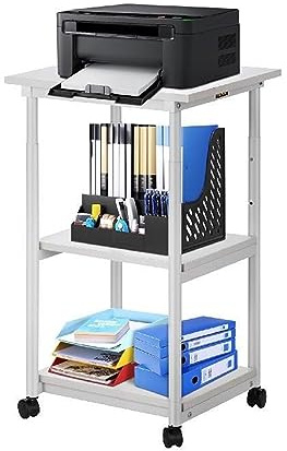 3 nivåer vitt skrivarställ 48 x 39 x 77 cm Rullvagn med justerbar hylla och låsbara hjul Mobilt bord for kontor(1)
