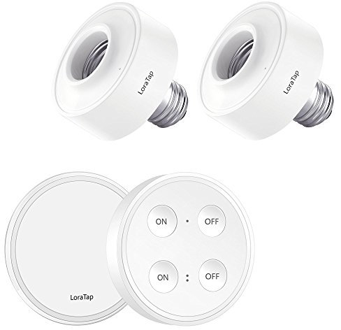 LoraTap Kit Interrupteur Sans Fil, 2x Douilles E27, Télécommande, Récepteur Contrôle 30W, Portée 200M, Culot E27 Emetteur (Inclus), Commande à Distance ON/OFF Pour Ampoule