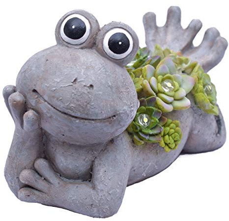 TERESA'S COLLECTIONS Frog Garden Decor with Solar Light for Outdoor Statues,Adorable Lying Frog Resin Lawn Ornaments Resting Animal Succulent Stone Figurines for Porch Patio Gifts for Mom Dad,7.3