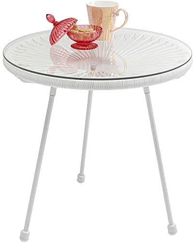 KARE Mesa auxiliar Acapulco blanco, mesa exterior tres patas redonda politileno y vidrio templado, 50x50x50cm