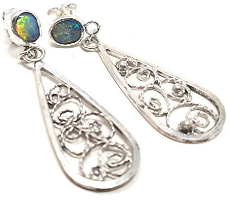 Lightning Ridge Opal Filigree Ohrhänger aus 925er Silber, Stecker, Traditionell und Modern, Unikat, Handarbeit