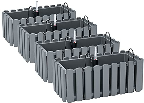 PAFEN 4X Blumenkasten Blumentopf mit Halterungen – 38 x 18 x 16,2 cm - Pflanztopf Bewässerungssystem Balkonkasten Pflanzkästen, Grau