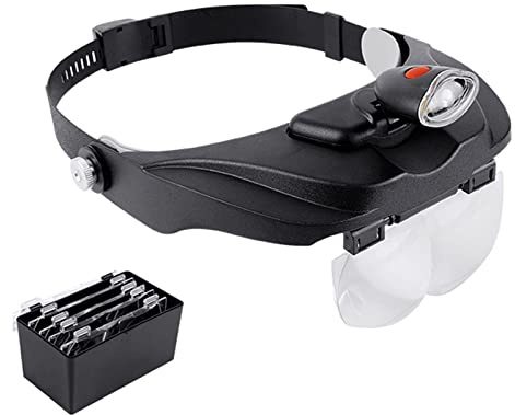 Lente ingrandimento per montaggio sulla testa con luce, Occhiali binoculari con illuminazione LED per lavori ravvicinati, Lente per lettura mani libere, Lente gioielliere 5 lenti 1,2X 1,8X 2,5X3,5X