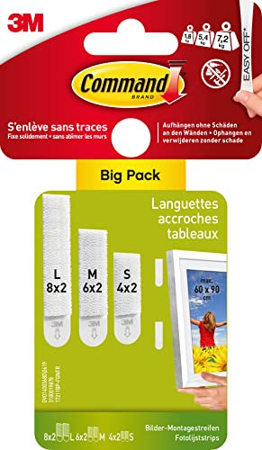 Command Klebestreifen, Bildaufhänger, Vorteilspack, 4 x 2 Streifen Größe S, 6 x 2 Streifen Größe M und 8 x 2 L, Weiß, Bilder Aufhängen ohne Bohren, Rückstandsfreies Ablösen