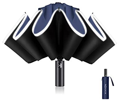 XIXVON Umbrella Pro (10 Ribs, Blue) | UPF 50+ 99% UV Protection, Reflective Safety Strip, Sturdy Windproof, Travel Portable, Automatic | Reverse Folding Umbrella
