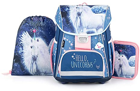 SCOOLSTAR Pferde Schulranzen Set Mädchen 1 Klasse Set 3 teilig für Grundschule ergonomisch und anatomisch inkl. Federmäppchen Sportbeutel