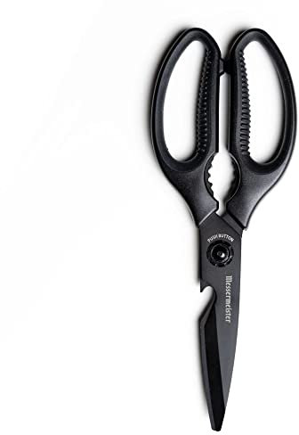 Messermeister 9-Inch Push Button Take-Apart Shears - High-Carbon Stainless Steel & Soft-Grip Handles - Includes Nut Cracker & Bottle Opener