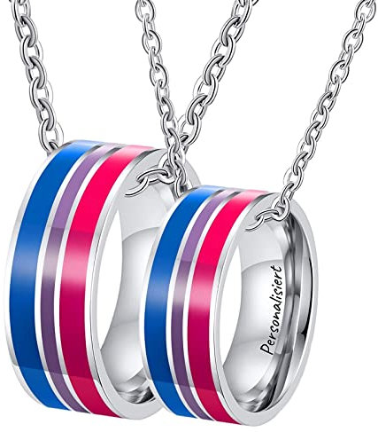 KnSam Halskette Paare zum Beschriften 2er, Edelstahl Anhänger Ringe 8mm Bunt Emaille Partner Kette Silber, Herrenkette 60cm, Damenkette 50cm, Größe 54 & 62