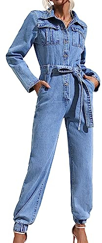 XUSAI Damen-Jeansoverall mit Langen Ärmeln und Knöpfen, modisch, schmal, blau, Langer Jeans-Overall mit Gürtel,Blau,M