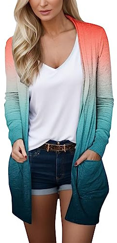 MILAX Women's Cardigan Frauen Mode Strickjacke Farbverlauf Druck Tasche Langarm Top Strickjacke Jacke Pullover Winter (Pink, XXL)