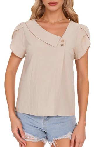 Atxnn Blusa Mujer de Algodón Camiseta con Cuello en V Inclinado Camisa de Manga Corta Pétalo Tops Elegantes de Verano, Beige M