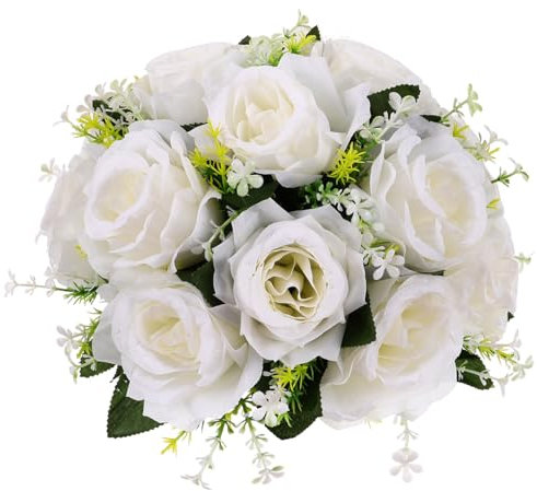 ABOOFAN Weisse Rosen Künstlich mit Zarten Blüten Künstliche Blumen zur Dekoration Feine Verarbeitung aus Pu und Satin für Tischdeko und Hängenden Korb