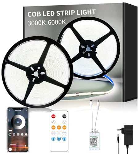 Yeewhale COB LED Strip 15m,DC 24V 6000k Weiß flexible Dimmbar LED band | COB LED Streifen mit APP Steuerung&Fernbedienung,anwendbar auf Schlafzimmer, Raum,DIY Dekoration