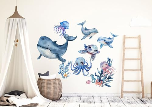 wolga-kreativ Wandtattoo für das Kinderzimmer, Wandsticker selbstklebend – Unterwasserwelt Motive - Wal, Delfin, Oktopus, Fisch