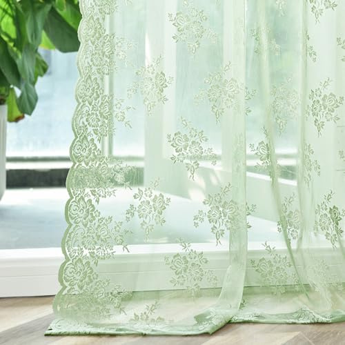 Kotile Sage Green Net Curtains 90 Drop 2 Panels Set Rustic Floral Embroidered Scalloped Green Sheer Lace Curtains for Living Room Bedroom, Rod Pocket Privacy Net Voile Curtains for Windows, 52x90 Inch