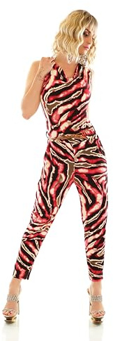 TA Fashion Damen Overall Hosenanzug Hose Jumpsuit Wasserfall Ausschnitt Flecht-Gürtel 34-38 (Rot)