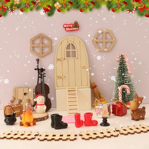 Skeadex Wichteltür Set, 36 Stück Wichtel Zubehör Weihnachten, Wichtel Set Weihnachten Komplett, Geschenke für Mädchen Junge, Wichteltüren Set mit Briefkästen, Zäun, Kranz,Weihnachtsbaum, Elch (A)