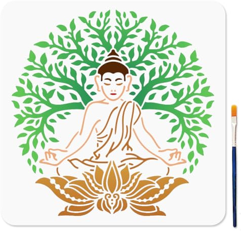 MAYJOYDIY Buddha Stencil Lotus Throne Tree of Life Stencils with Paint Brush 30×30cm Elements Reusable Drawing Templates for Craft on Window Wood Wall Home Decoration