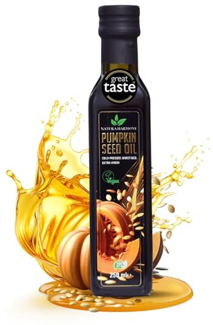 Natura Harmony Pumpkin Seed Oil 250ml | Cold-Pressed & Unrefined Extra Virgin Edible Oil | Naturally Contains Zinc | For Salads, Dressings & Cooking | Dark Glass Bottle