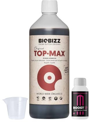 GROWMANIA Top Max di BioBizz 1 l + Probe Boost Up di Up Nutrients + Vetro dosatore | Amplificatore di fioritura organica per una fioritura completa | Ottimo per giardini e frutteti